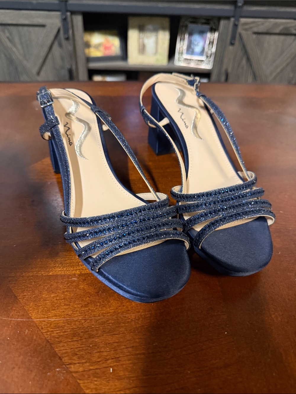 Nina Navy Sparkle Strappy Block Heel Sandals